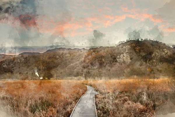 見事な秋の風景のデジタル水彩画風景を渡って圧延霧と湖地区のDerwentwaterからBorrowdale渓谷に向かって探して日の出画像 — ストック写真