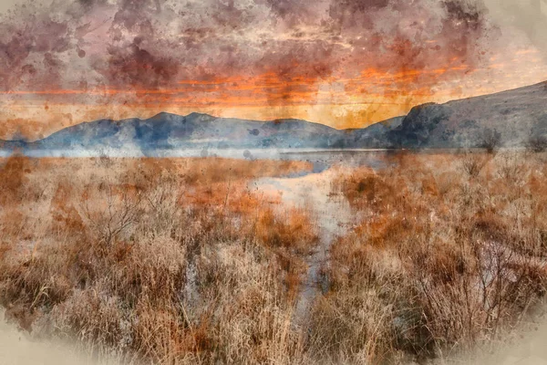 エピックのデジタル水彩画秋の日の出湖のマニティパークからの風景画像Derwentwater表面を横切るミット圧延と太陽光のスキッドダウ範囲に向かって — ストック写真