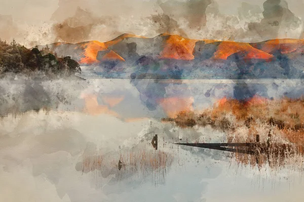 Digital watercolour painting of Epic Autumn sunrise landscape image looking from Manesty Park in Lake Distict towards sunlit Skiddaw Range with mit rolling across Derwentwater surface