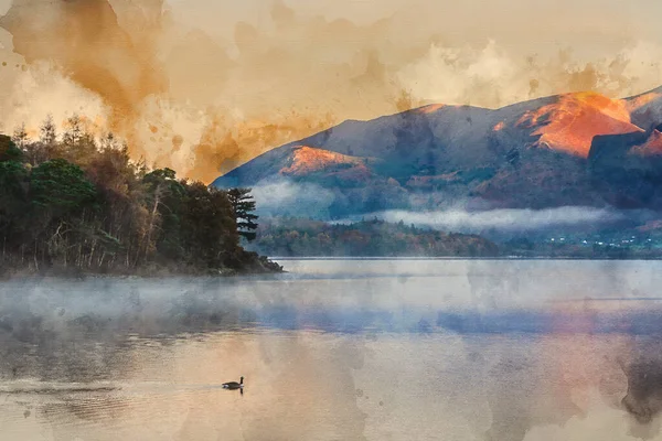 Цифровая Акварельная Живопись Эпического Осеннего Пейзажа Восхода Солнца Смотрящего Парка — стоковое фото