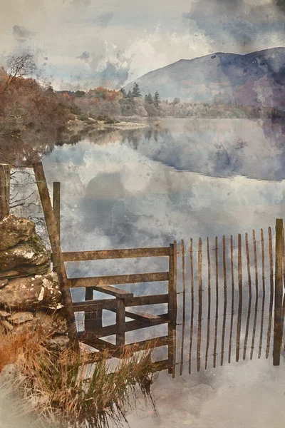 德文特湖威严公园至阳光照射的Skiddaw山脉的秋季日出景观图像的数字水彩画 可在德文特水面上滚动 — 图库照片