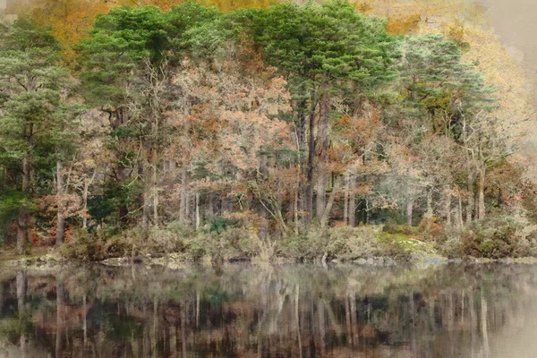 Digital Watercolor Painting Stunning Lake District Forest Landscape Manesty Park — стокове фото