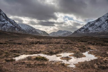 İskoçya 'nın Etive Mor bölgesindeki Kayıp Vadi manzarasında çarpıcı kış günbatımı.