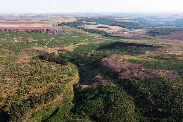 Beautiful Late Summer Aerial Drone Landscape Image Heather Full Bloom — Zdjęcie stockowe