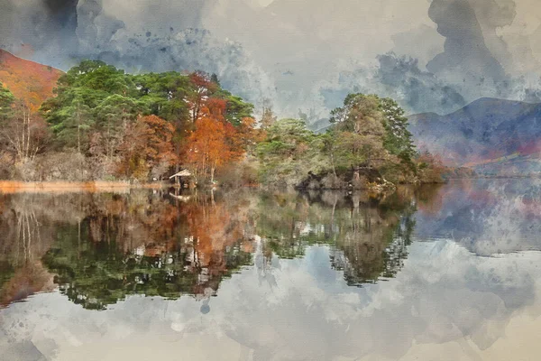 Epische Landschaftsaufnahme Des Bootshauses Auf Derwentwater Während Des Lebhaften Sonnenaufgangs — Stockfoto