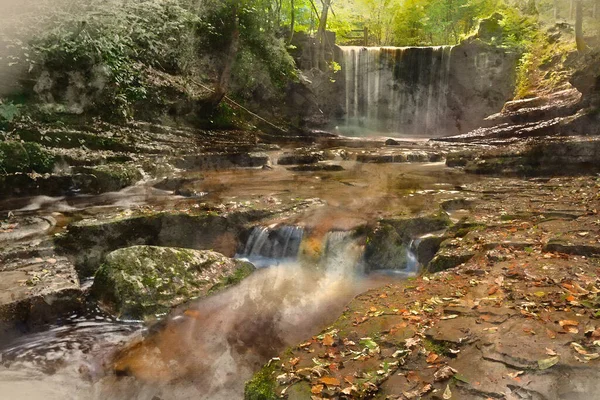 Ohromující Krásný Podzimní Krajina Obraz Nant Mill Vodopád Walesu Zářícím — Stock fotografie