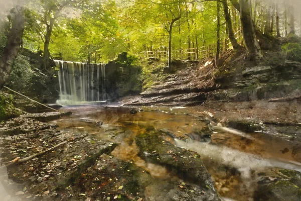 Ohromující Krásný Podzimní Krajina Obraz Nant Mill Vodopád Walesu Zářícím — Stock fotografie