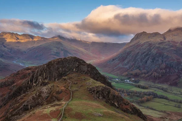 Epic Aerial Drone Landscape Image Sunrise Blea Tarn Lake District — Stock Photo, Image