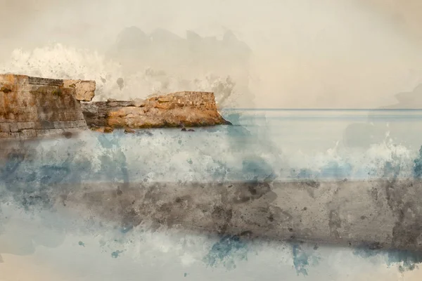 康沃尔五彩缤纷的五彩缤纷的五彩缤纷的黄沙 天空生机盎然 海洋长时间曝光的数码水彩图像 — 图库照片