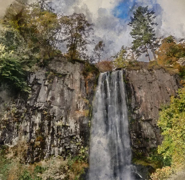 Цифровое Акварельное Изображение Красивого Пейзажа Ранней Осенью Изображение Водопада Pistyll — стоковое фото
