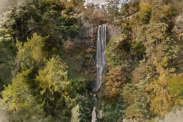 Digitální Akvarel Obrazu Krásné Krajiny Podzim Obrázek Pistyll Rhaeader Vodopád — Stock fotografie