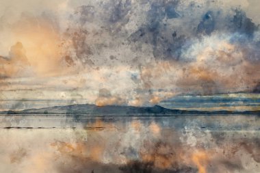 Solway Firth 'ün büyüleyici sonbahar günbatımında Silloth' dan çekilmiş destansı günbatımı manzarasının dijital suluboya resmi. 