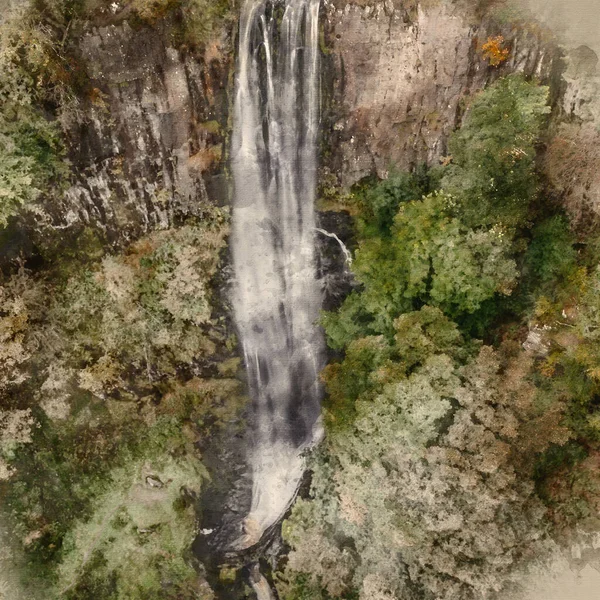 美しい風景のデジタル水彩画初秋のイメージウェールズのピスティル リーダー滝 — ストック写真