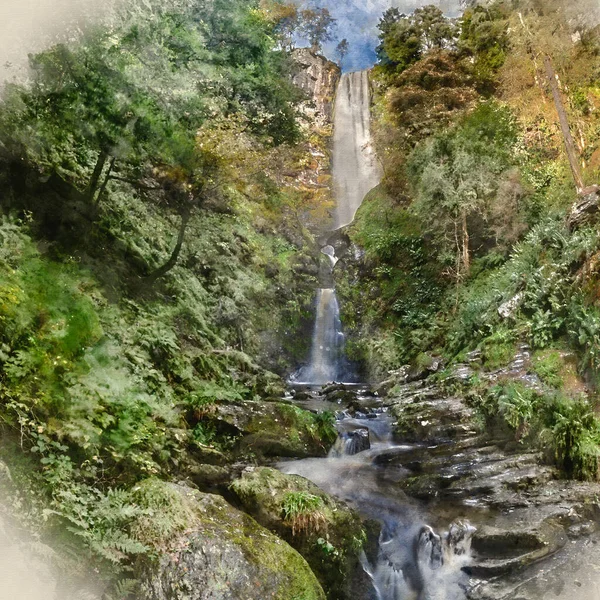 Цифровая Акварельная Живопись Красивый Пейзаж Ранней Осени Изображение Водопада Pistyll — стоковое фото