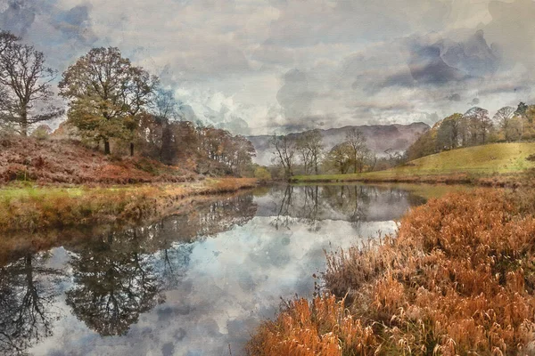 Digital watercolour painting of Epic Autumn landscape image of River Brathay in Lake District with fog across river and vibrant woodlands