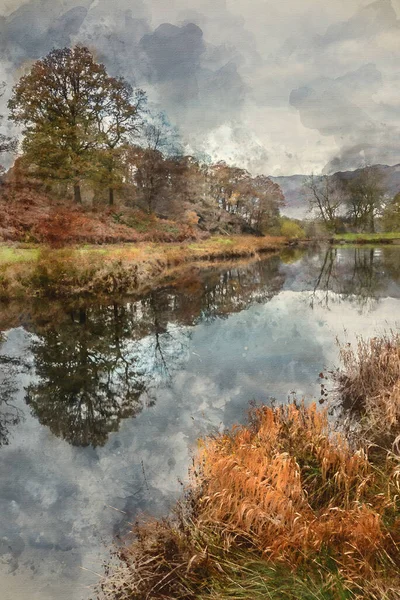 湖区布拉斯河畔雾蒙蒙 林地生机勃勃的秋季风景图像的数字水彩画 — 图库照片
