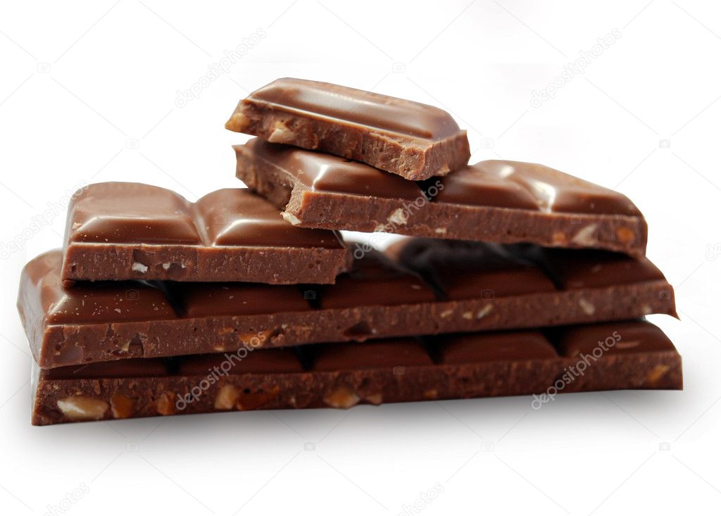 Chocolate pieces on a white background
