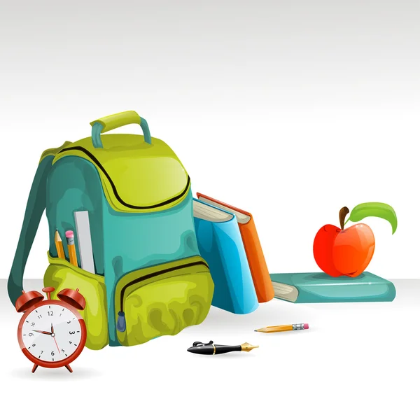 Bolso de escuela vectorial, libros, pancil, manzana y despertador — Vector de stock