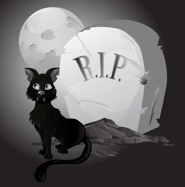 Chat d'Halloween noir et blanc sur pierre tombale — Image vectorielle