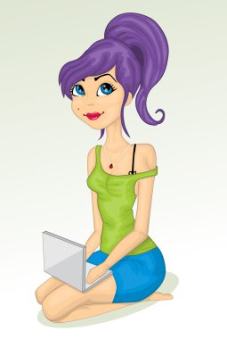 laptop ile karikatür kız