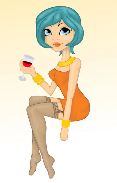 Cartoon girl holding a glass of red wine — Stock Vector