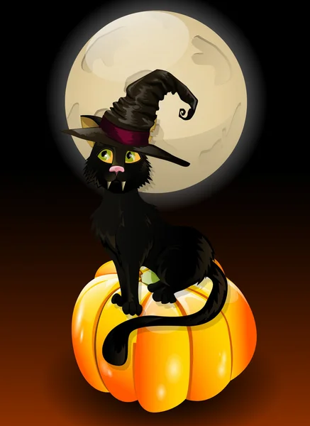 Chat assis sur la citrouille d'Halloween — Image vectorielle