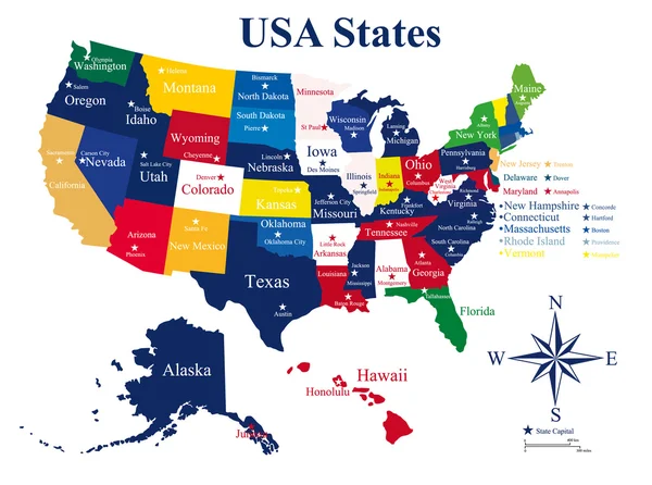 Mapa de Estados Unidos con estados y capitales — Archivo Imágenes Vectoriales