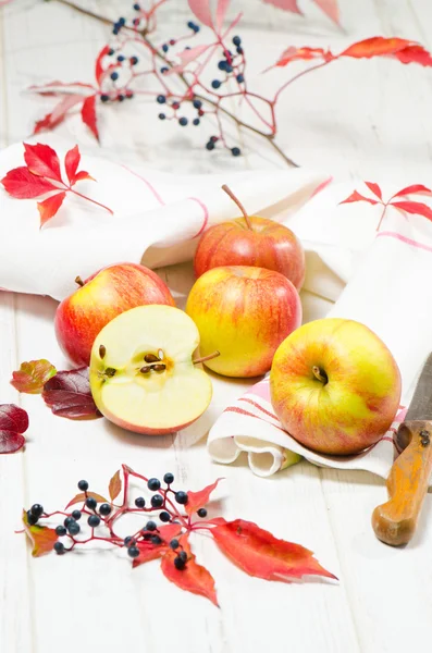 Manzanas rojas con hojas en la cesta — Foto de Stock