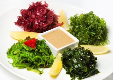 plaka salata chuka yosun limon ve izole bir beyaz zemin üzerine fıstık sosu ile