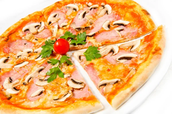 Pizza with meat and mushrooms — Stock Photo, Image