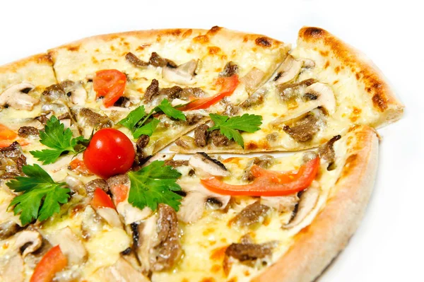 Pizza with meat and mushrooms — Stock Photo, Image