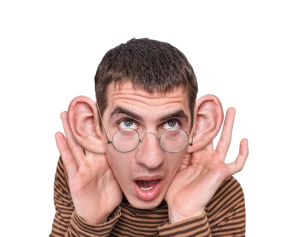 Hombre escuchando con grandes orejas . — Foto de Stock