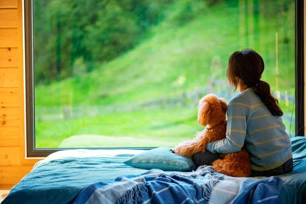 Mujer Sentada Con Perro Cama Mira Fuera Ventana Viendo Montaña — Foto de Stock