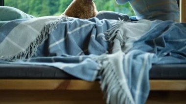 Köpeğiyle yatakta oturan bir kadın pencereden dışarı bakar ve bir dağ görür. Çay ya da kahve içen bir kadın..
