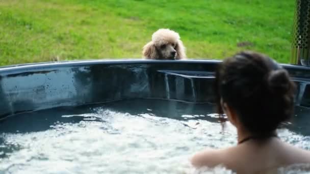 一个年轻的女人在露天浴池中俯瞰群山 年轻女人带着她的狗 — 图库视频影像