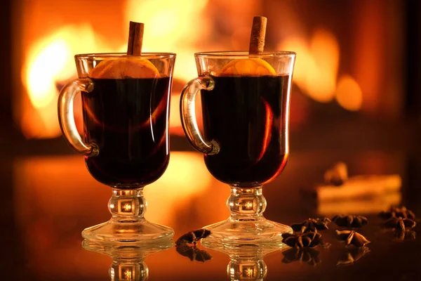 Two Glasses Mulled Wine Fireplace Background Romantic Concept Stock Image