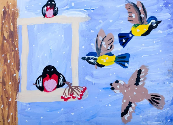 Child's gouache picture of winter birds — Stock Photo, Image