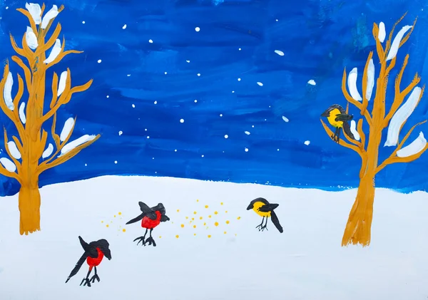Child's gouashe picture of winter birds — Stock Photo, Image