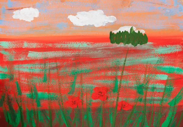 Child's picture of summer poppy field — Stock Photo, Image