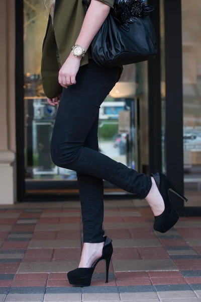 Black High Heels on Paver Block — Stock Photo, Image