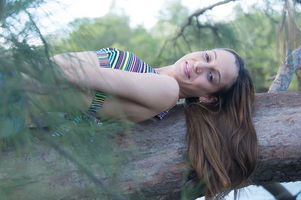 Graziosa modella tra i rami degli alberi . — Foto Stock