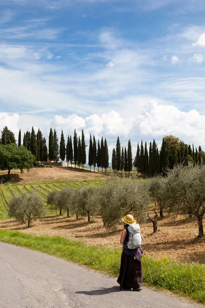 Peregrina en su camino en Toscana — Foto de Stock