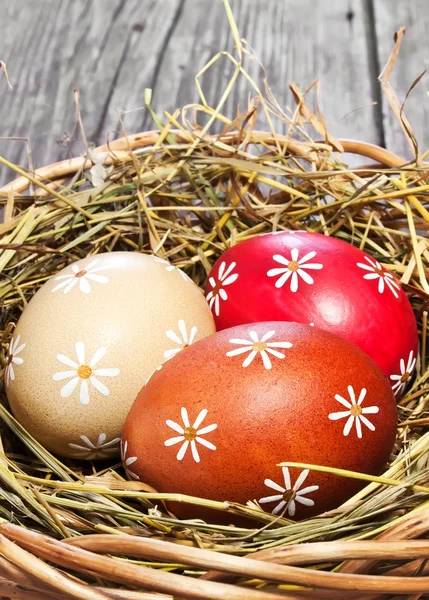Πολύχρωμα Πασχαλινά αυγά στο καλάθι — Φωτογραφία Αρχείου