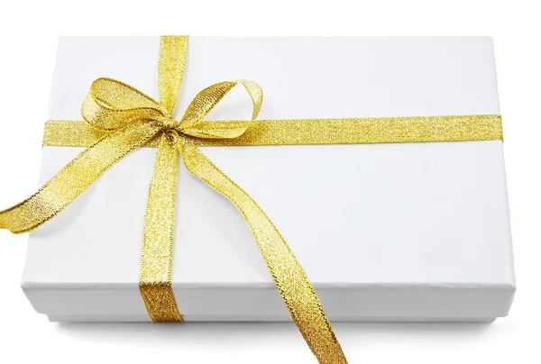 White gift box with gold ribbon Stock Photo