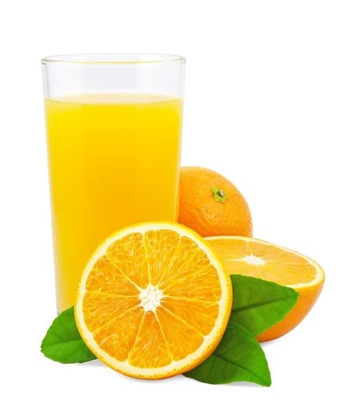 Orange juice and oranges with leaves — Stock Photo, Image