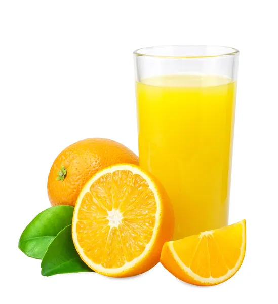 Orange juice and oranges with leaves — Stock Photo, Image