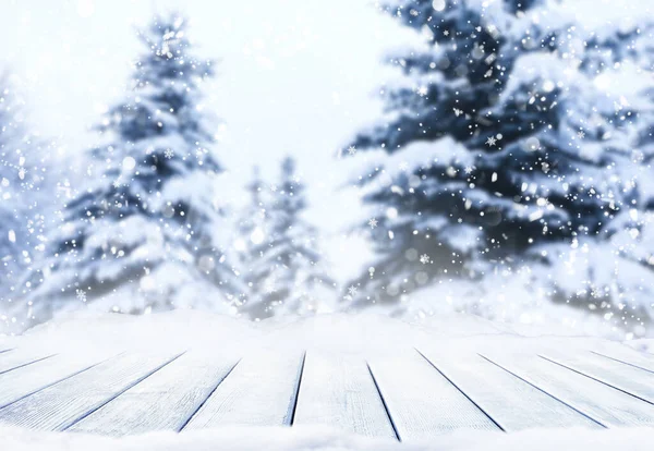 Tampo Mesa Madeira Paisagem Ensolarada Inverno Com Abetos Feliz Natal — Fotografia de Stock