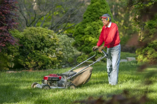 Senior man mowing his lawn — Stock Photo, Image