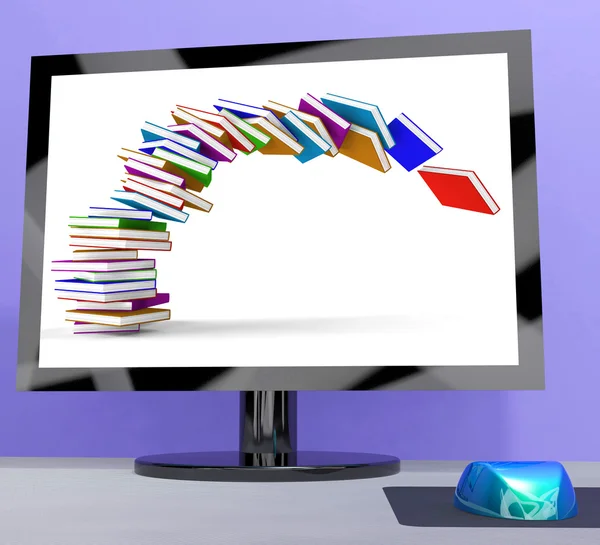 Stack Of Books Falling On Computer Shows Online Learning — Stock Photo, Image