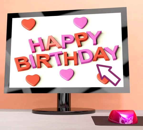 Alles Gute zum Geburtstag auf dem Computerbildschirm mit Online-Gruß — Stockfoto